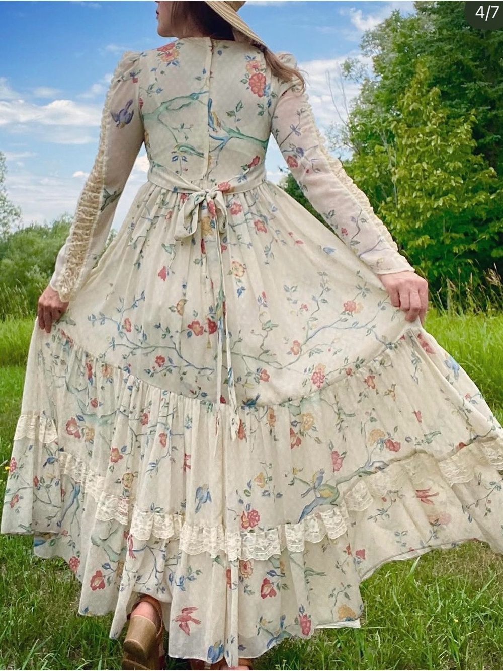 Gunne Sax Vintage 1970’s Ivory Floral Bird Print Maxi Prairie Dress Size 9 - Picture 2 of 16